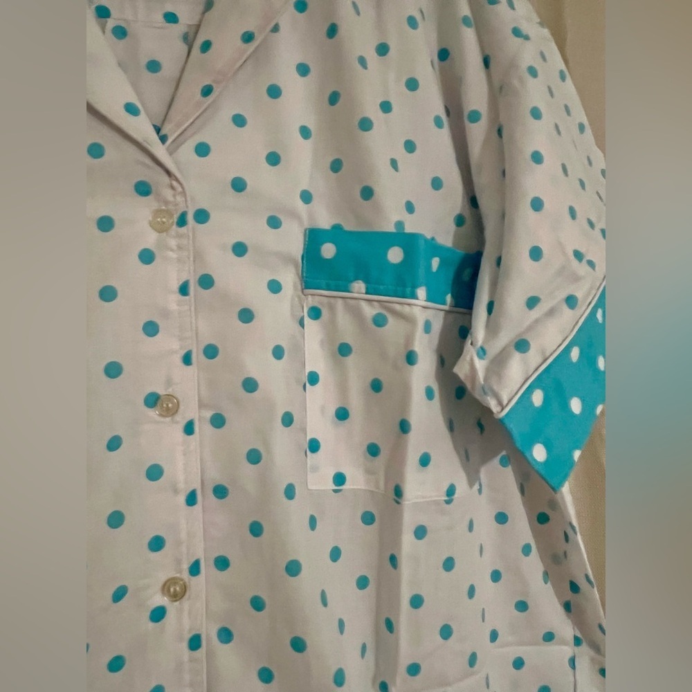 Vintage Quiet Moments Teal Polka Dot Button Front Sleep Shirt OSFM - Picture 4 of 5